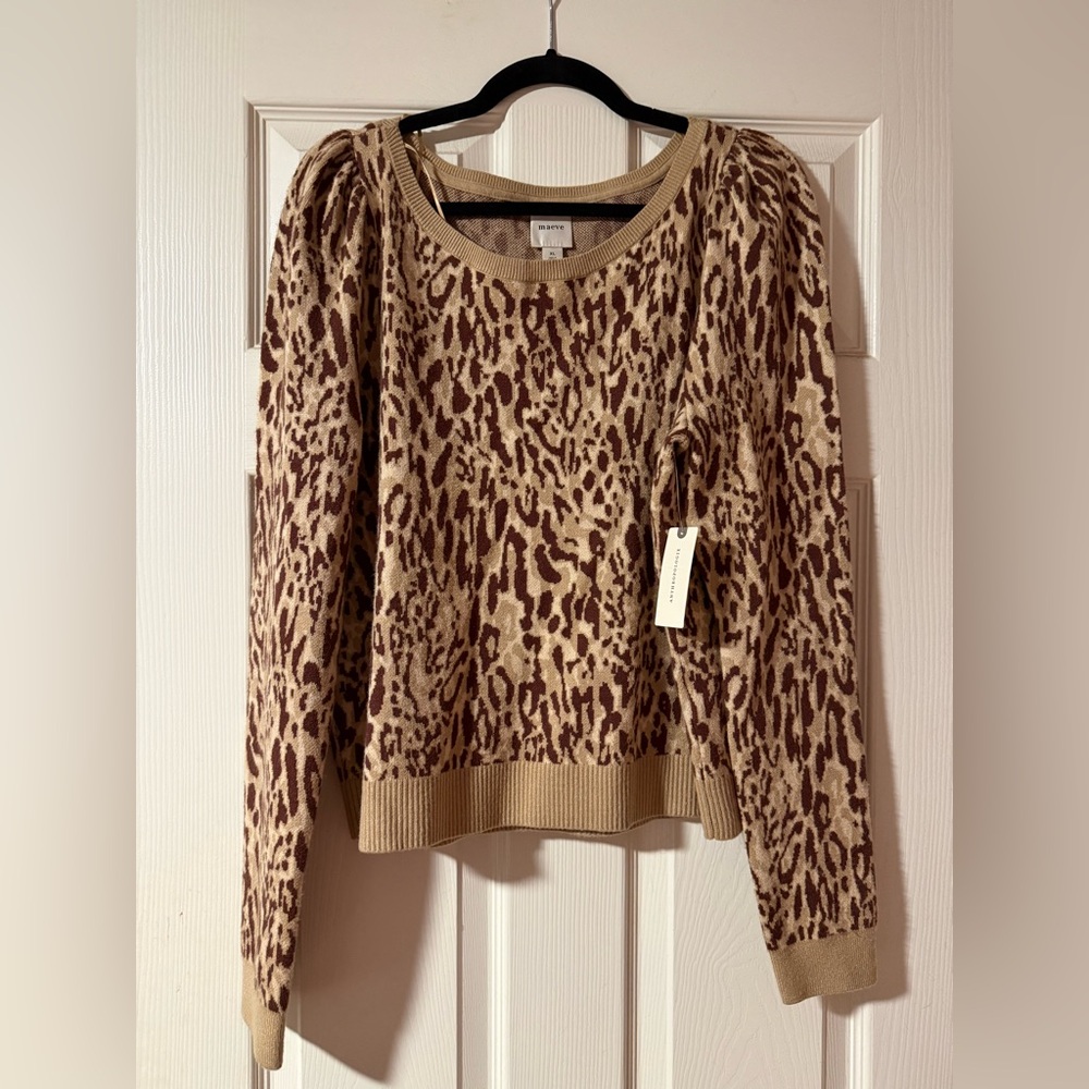 Maeve Puff-Sleeve Leopard Print Pullover Sweater - NWT